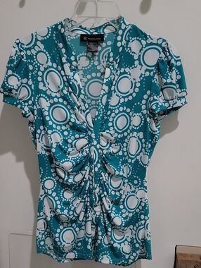 INC International Concepts Teal & White Ruched V-Neck Blouse
